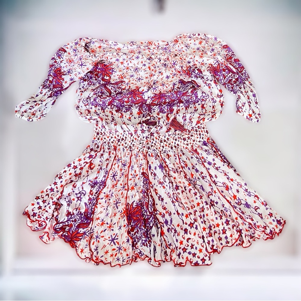 Poupette St Barth On Or Off Shoulder Mini Dress XS Ruched Drop Drawstring Waist